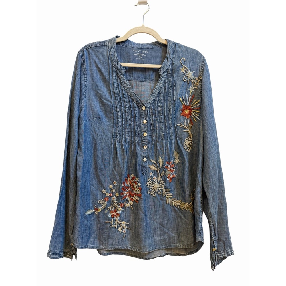 Karyn Seo Handmade Denim Chambray Tunic Top Embroidered Floral Boho Sz Large
